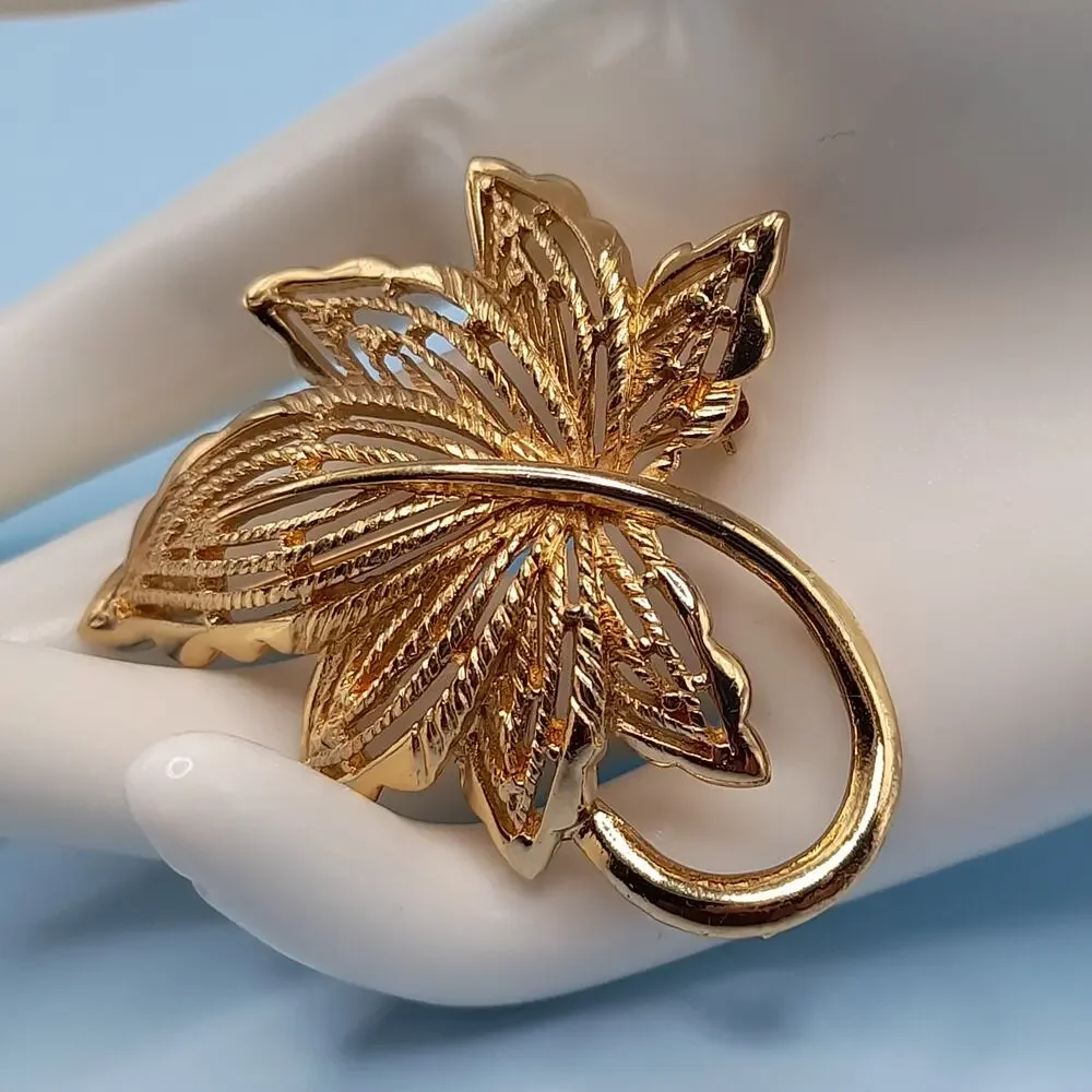 Vintage Monet Gold Plated Maple Leaf Brooch, 2 Inches, 1980s